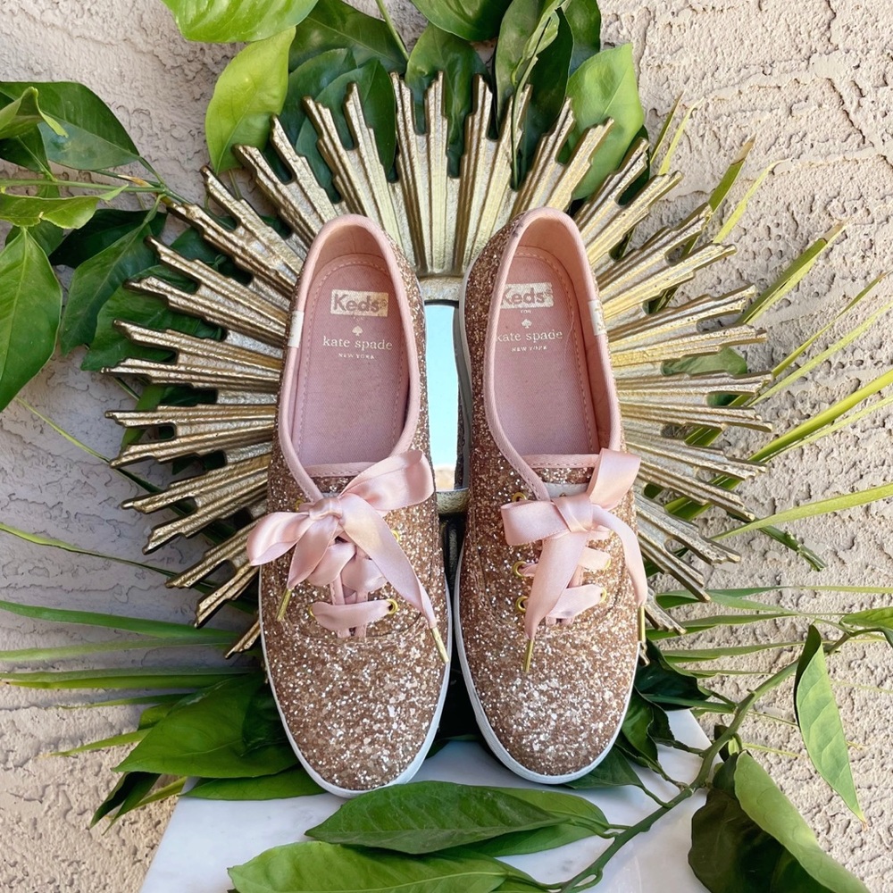 KATE SPADE x KEDS NWOT Pink Rose Gold Glitter Satin Lace Champion Sneakers